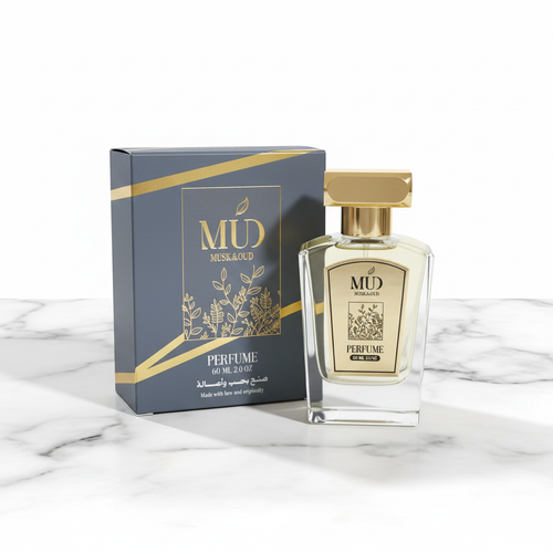 MUD Musk & Oud perfume bottle with blue box on marble background
