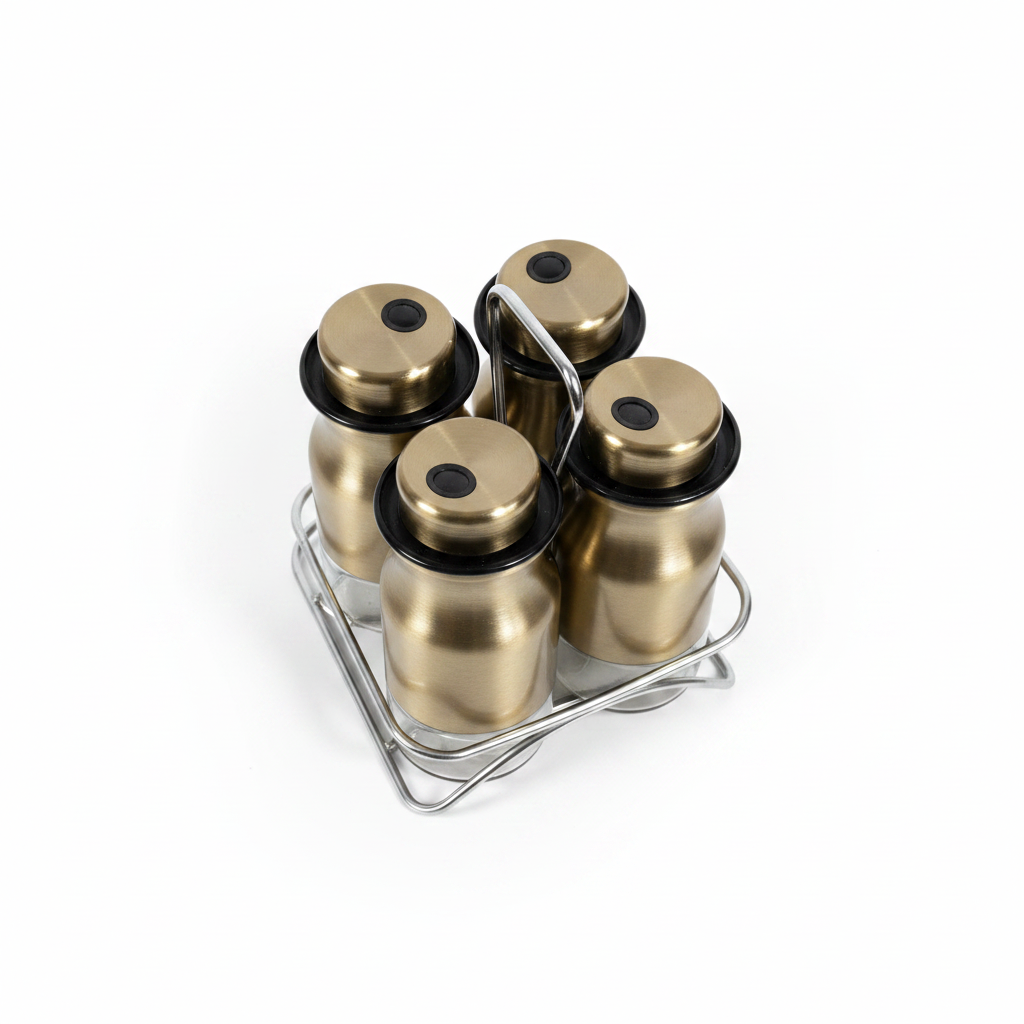 4 gold spice jars in stainless steel rack — top angle studio shot