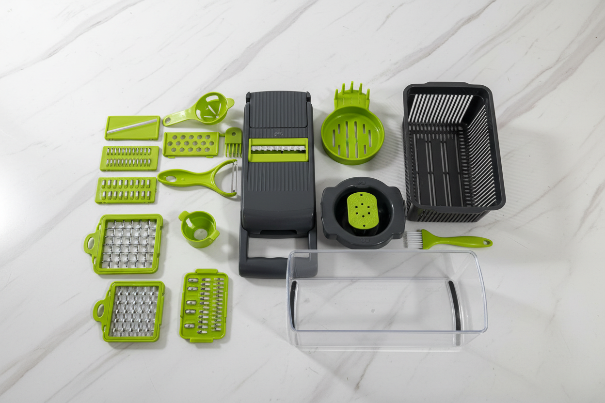 All 16 pieces flat lay — blades, graters, colander and accessories