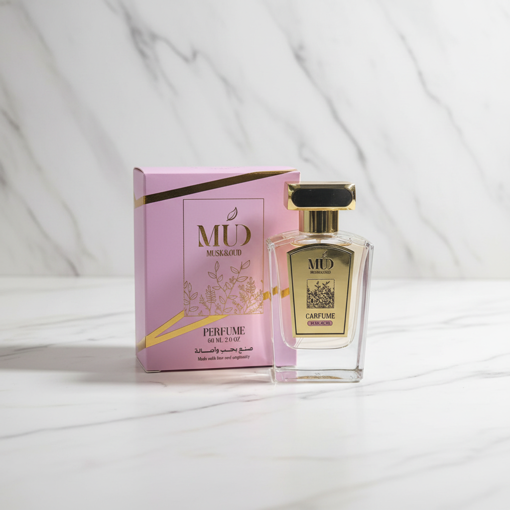 MUD Musk & Oud perfume bottle with pink lavender box on marble background