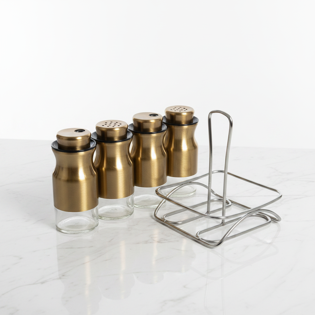 Full 4-piece gold spice jar set with rack displayed — professional studio shot
