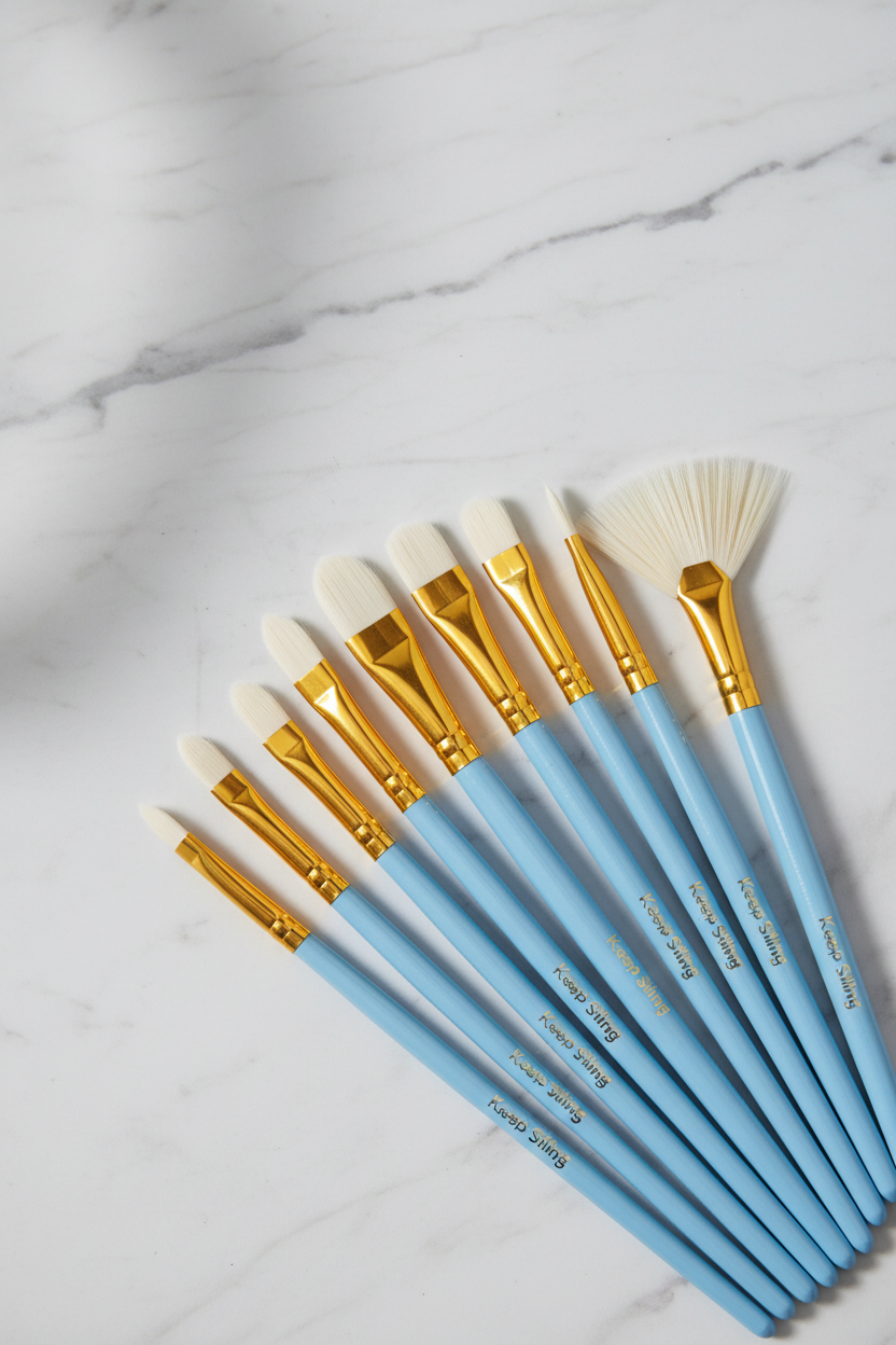 Keep Smiling blue handle artist brush set — 12 brushes fanned out, professional studio shot