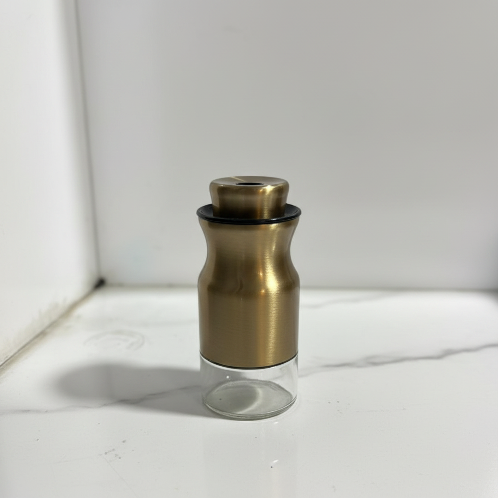 Single gold spice jar close-up — professional studio shot