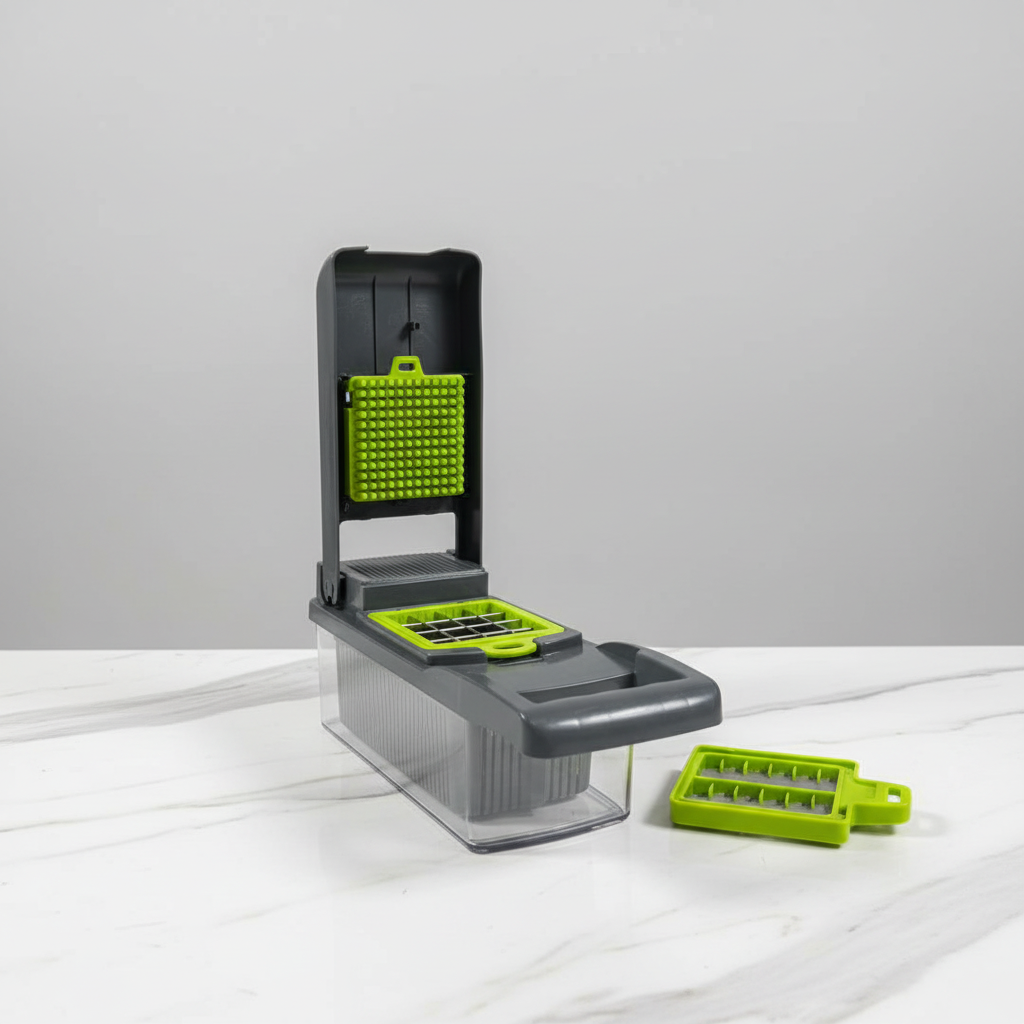 Veggie dicer upright with lime green dicing blade and clear collection container
