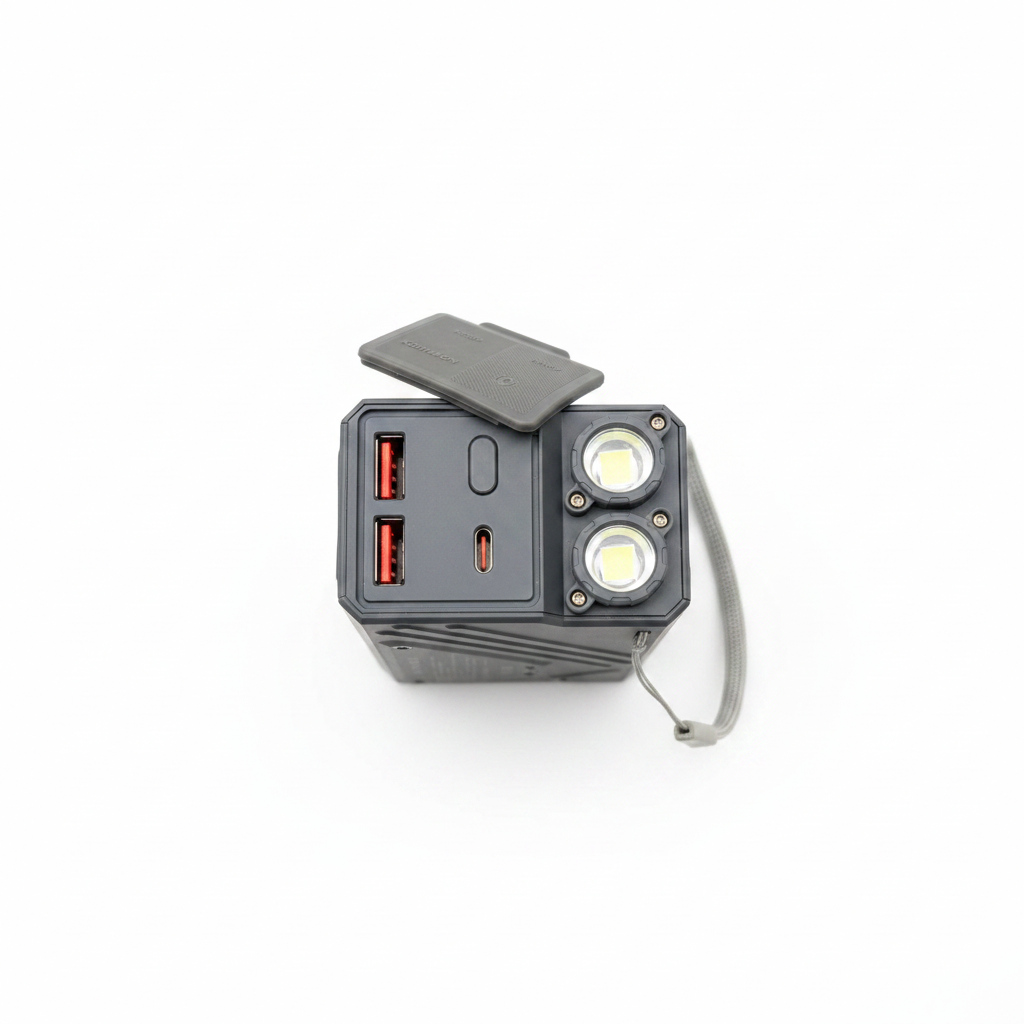 Konfulon A510 power bank top view ports and flashlight